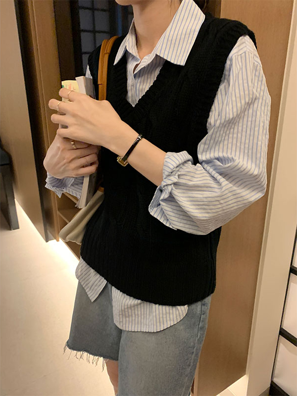 Casual Striped Long-Sleeve Blouse 治愈系女孩~经典条纹宽松长袖衬衫*3Colors