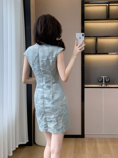 蓝色印花蕾丝中式2件套 High-End New Chinese Style Embossed Jacquard Feather Button Improved Cheongsam Dress