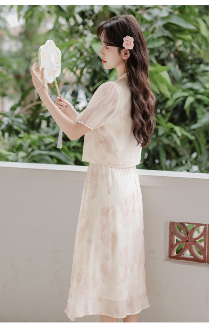 Pink Jade New Chinese Style Suit 2024 Summer New National Style Buckle Shirt A- line Skirt 40 in Stock
