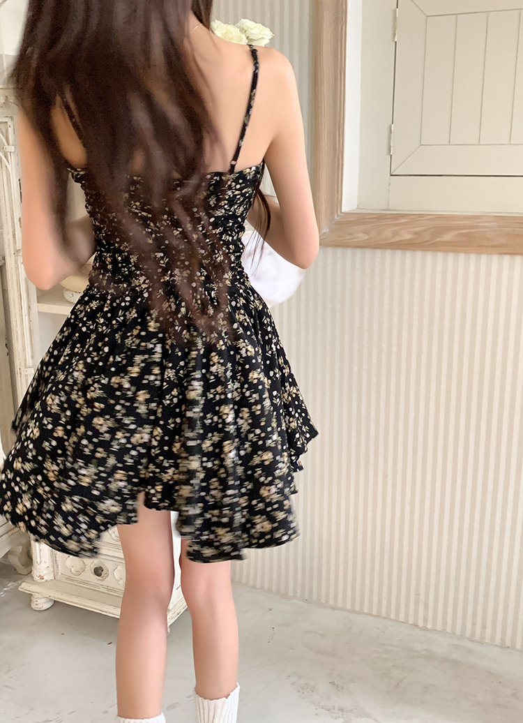 Real Shot 2025 Spring Summer New Design Black Floral Dress Women Tea Break Short Dress Spicy Girl Strap Dress