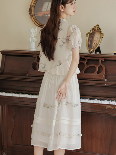 2024 New Women's Bamboo Shadow New Chinese Short-Sleeved Shirt High Waist Skirt Two-Piece Set 40