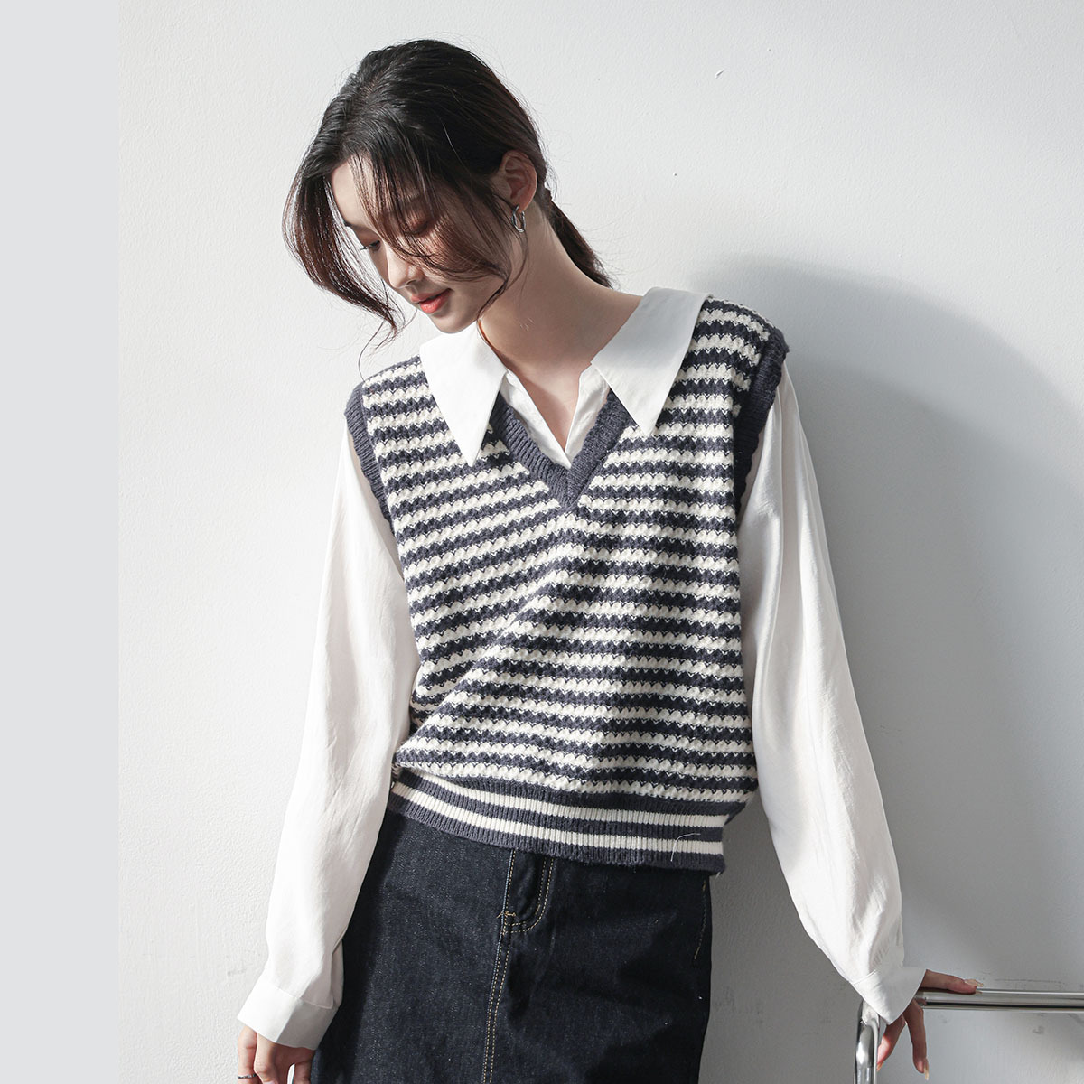Faux Layered Knit Vest Shirt 知性小姐姐~假两件针织马甲长袖衬衫*2 Colors