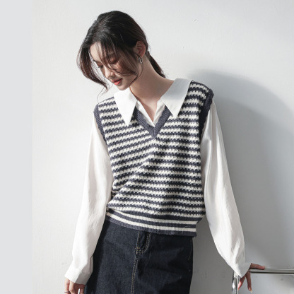 Faux Layered Knit Vest Shirt 知性小姐姐~假两件针织马甲长袖衬衫*2 Colors
