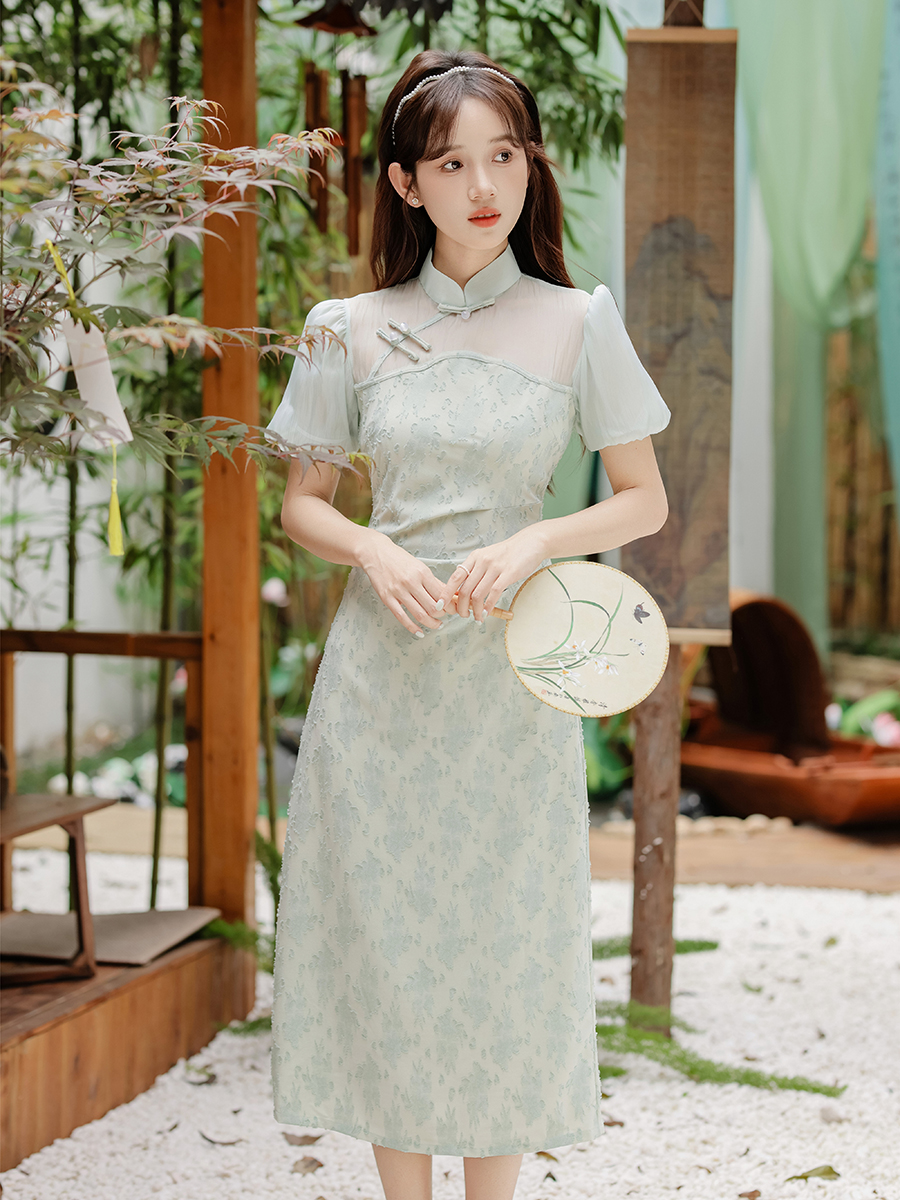 Uragiri Yarn Mint Mambo Style New Chinese Improved Cheongsam Dress Green Fake Two Pieces Girl Cheongsam Skirt 40
