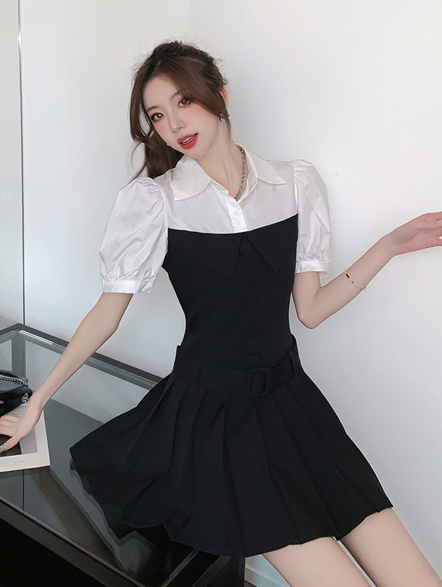 Classic Pleated Faux Layer Blazer Skirt 复古拼接假两件百褶西装裙