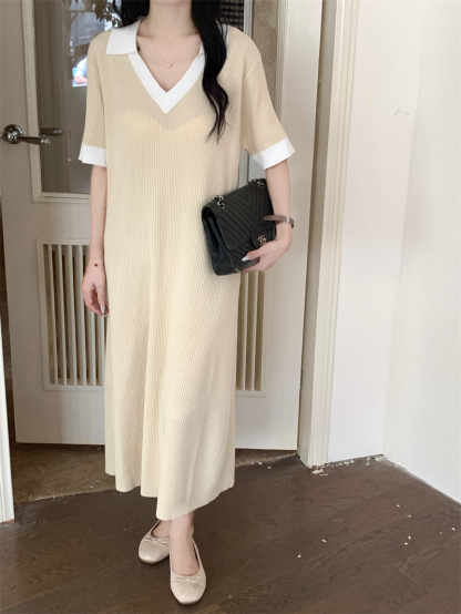 Vintage V-Neck Knit Dress  法式复古V领针织连衣裙*3Colors