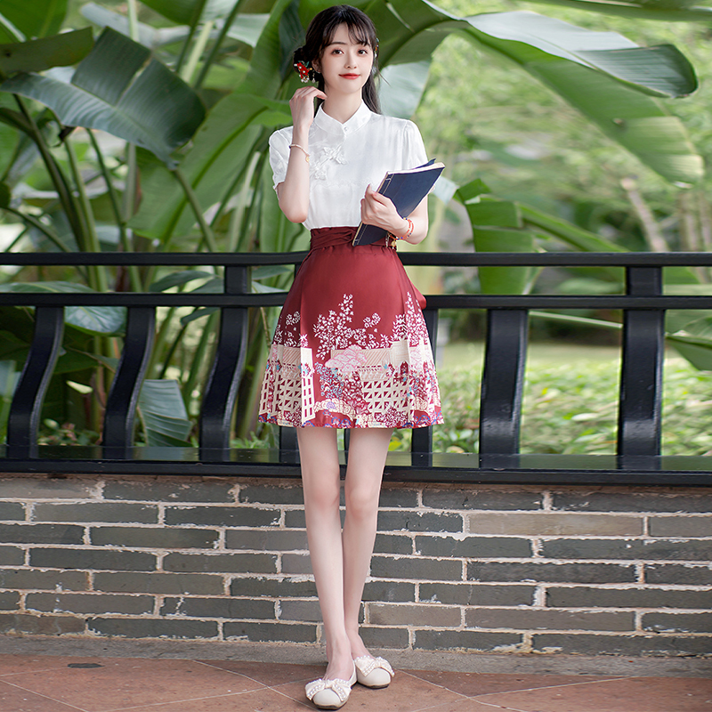 Real Shot Spot New Chinese Style Jacquard Shirt Short Horse-Face Skirt Improved Hanfu Pleated Skirt Two-Piece Suit
