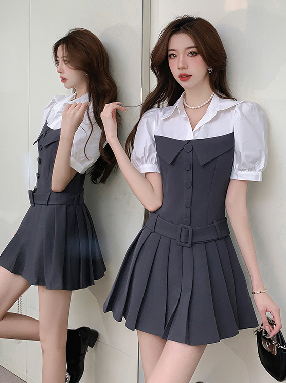 Classic Pleated Faux Layer Blazer Skirt 复古拼接假两件百褶西装裙