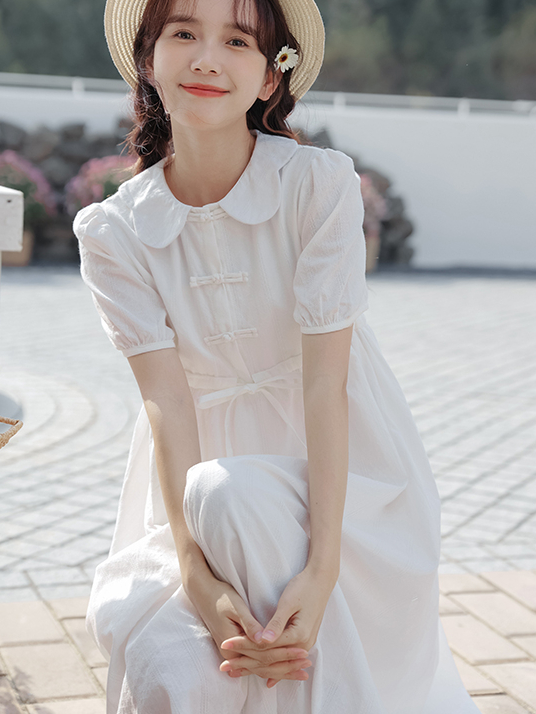 2024 Summer New Artistic Fresh Peter Pan Collar Buckle New Chinese Style Sweet Dress