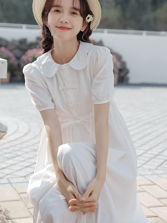 2024 Summer New Artistic Fresh Peter Pan Collar Buckle New Chinese Style Sweet Dress