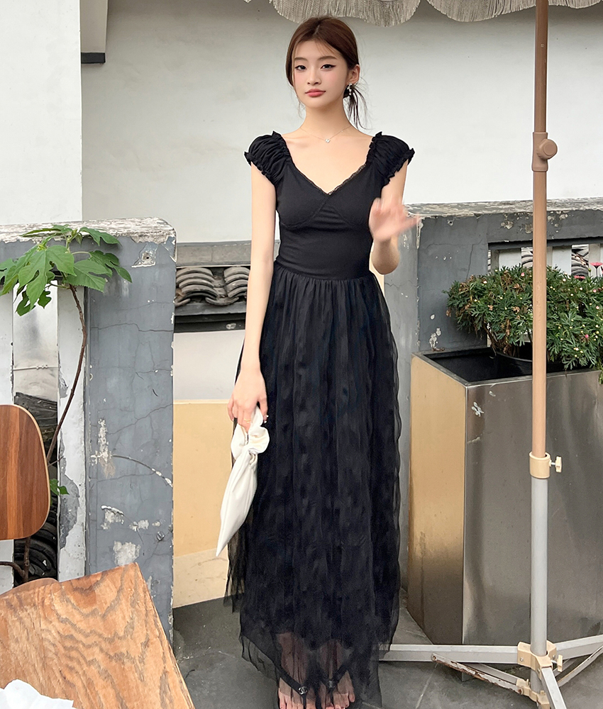 V-Neck Tulle and Mesh Dress法式气质V领拼接纱裙*2Colors