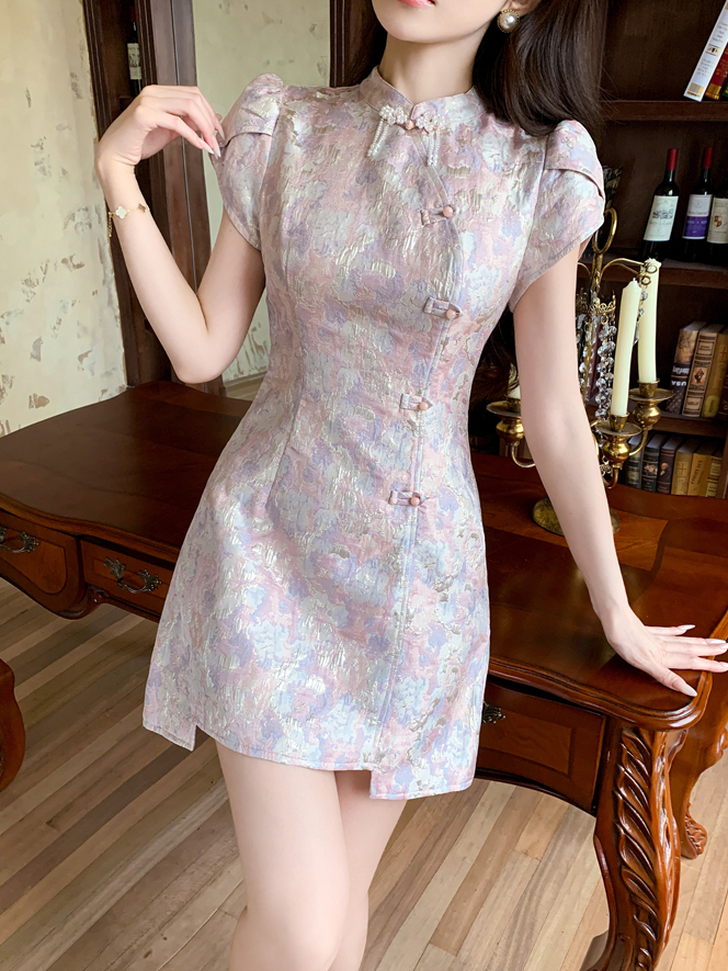 蓝色印花蕾丝中式2件套 New Chinese Style Improved Cheongsam Fashionable Dress