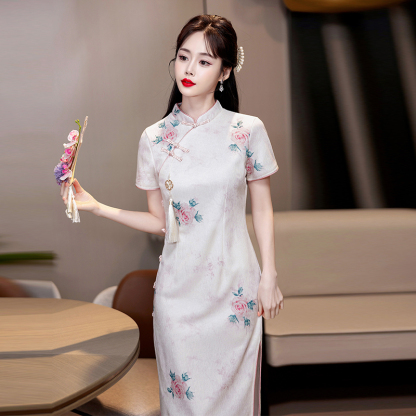 Live Shot New in Stock Modified New Chinese Cheongsam Young Girl Big Flower Chinese Style Dress