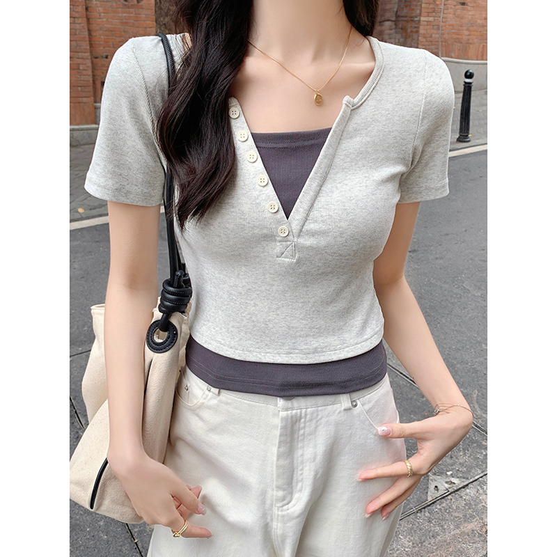 Faux Layered V-Neck Top 假两件V领上衣*4 Colors