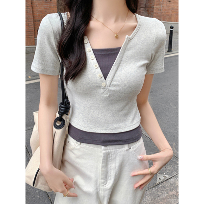 Faux Layered V-Neck Top 假两件V领上衣*4 Colors