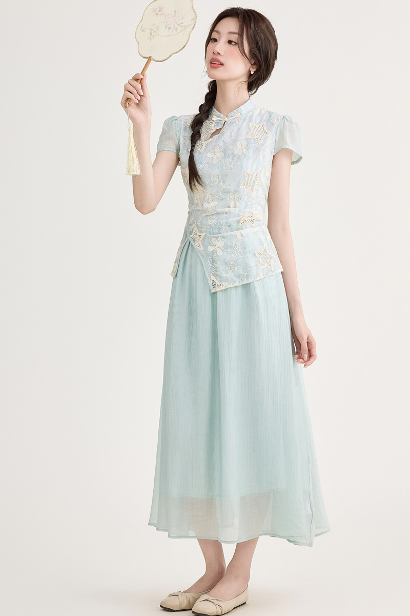 蓝色气质假两件印花连衣裙 Summer New Chinese Style Jacquard Embroidered Qipao Dress Fake Two-Piece Irregular Elegant Dress