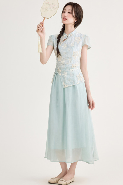 蓝色气质假两件印花连衣裙 Summer New Chinese Style Jacquard Embroidered Qipao Dress Fake Two-Piece Irregular Elegant Dress