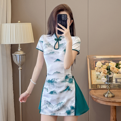 Real Shot New Chinese Style Ink Color Fashion Two-Piece Improved Cheongsam Dress Shorts Set Skirt