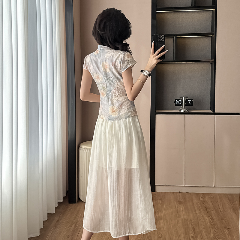 气质假两件印花连衣裙 New Chinese Style Improved Cheongsam Dress for Women Summer 2025 New Slim Fit Elegant Fake Two-Piece Printed Dress
