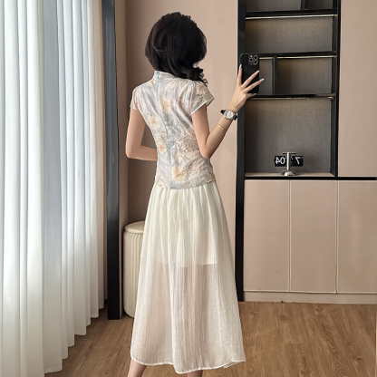 气质假两件印花连衣裙 New Chinese Style Improved Cheongsam Dress for Women Summer 2025 New Slim Fit Elegant Fake Two-Piece Printed Dress