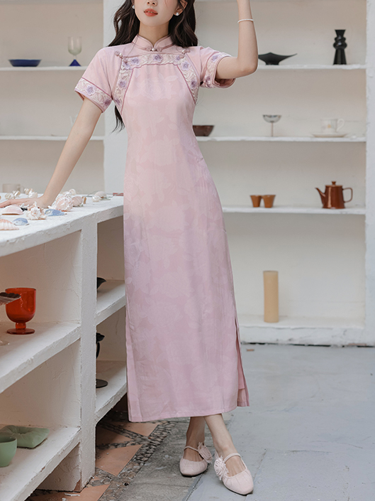 暗香双襟粉紫色旗 Mystery Fragrance New Chinese Style No-Seam Flat Cut Ancient Method Double-Breasted Pink Purple Cheongsam Floor-Length Dress