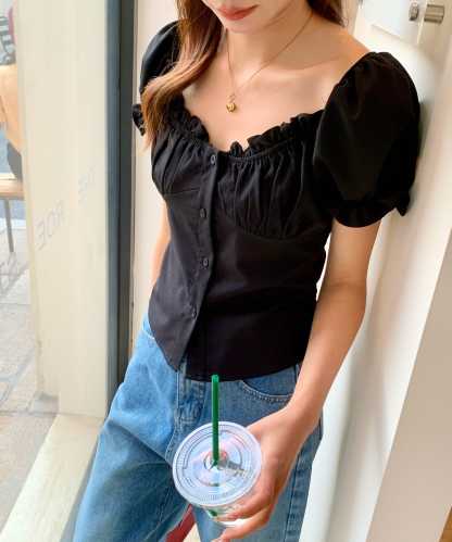 Evelis Ruffle Puff Top 泡泡袖木耳收腰上衣*2 Colors