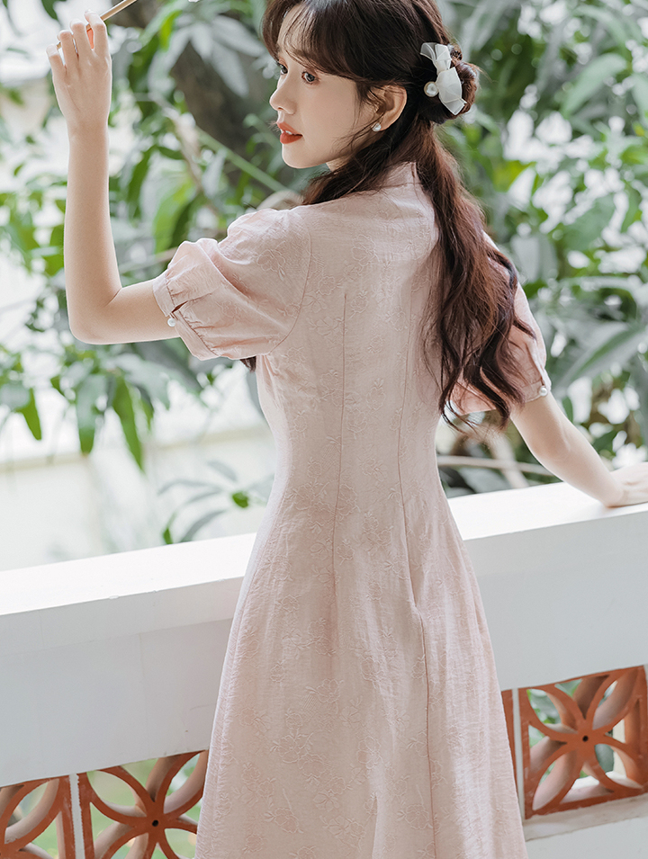 Pink Luster Dress 粉贝柔光中式连身裙