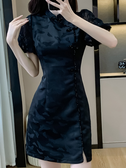 提花泡泡袖旗袍连衣裙*2 Colors