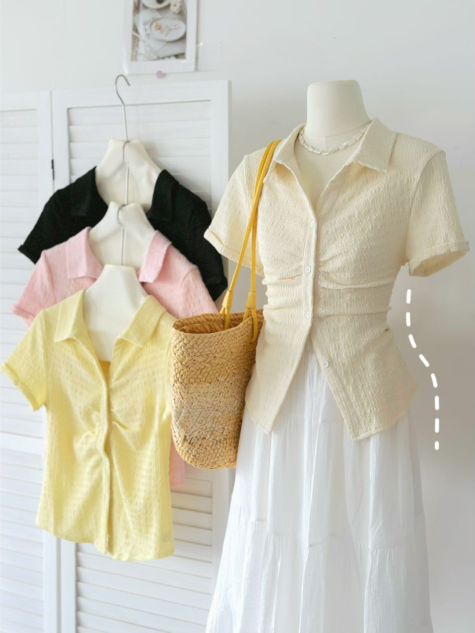 RINA Sweet Ruched Blouse 甜美褶皱短袖衬衫*4 Colors