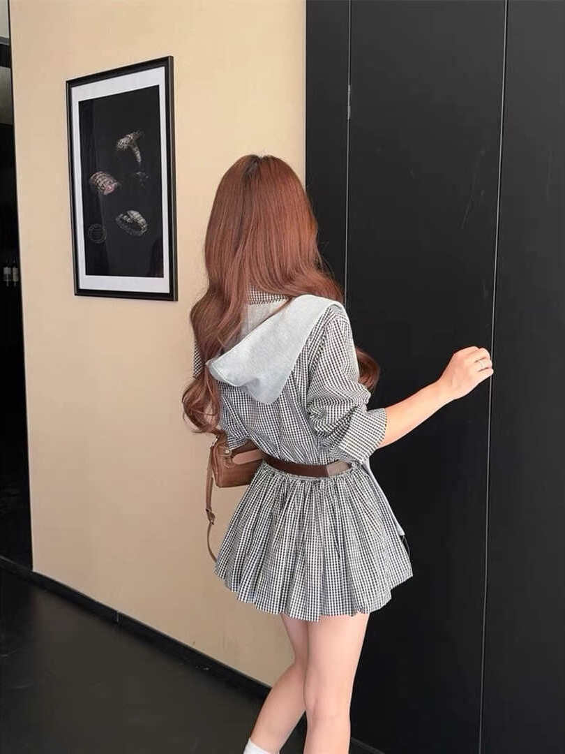 Classic Plaid Shirt Midi Dress 百搭显瘦收腰格子衬衫连身裙~ 配腰带披肩*3 Colors