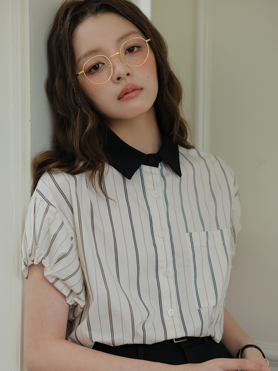 撞色领竖条纹花苞短袖衬衫