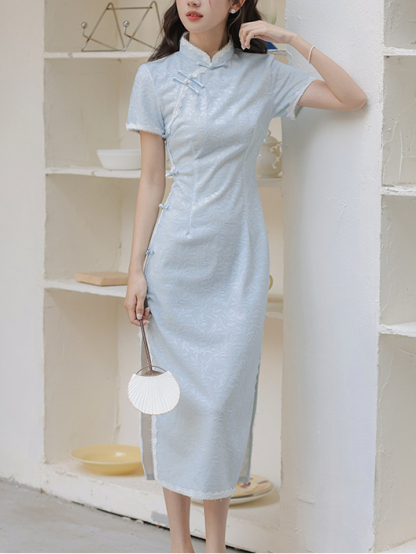 新中式蓝色修身连衣裙 Spring Summer New Chinese Style Blue Slim Dress