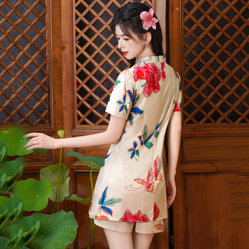 Real Shot New Chinese Style Classical Tang Suit Stand Collar Jacquard Classical Pattern Ethnic Style Improved Summer Top and Shorts Set