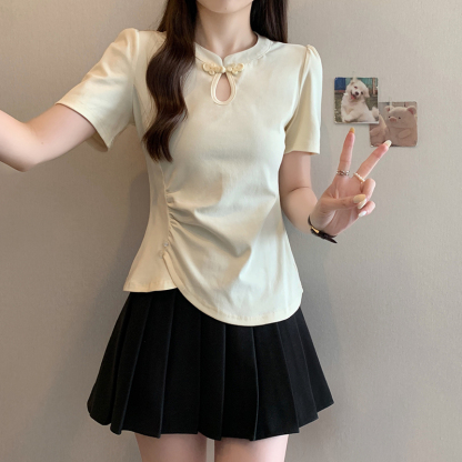 新中式镂空盘扣短袖T恤 New Chinese Style Hollow Out Button Short Sleeve T-Shirt