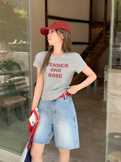 Real Shot Real Price Summer 2025 New Round Neck Slim Fit Slimming Regular Shoulder Short Sleeve T-Shirt Women Letter Print Top