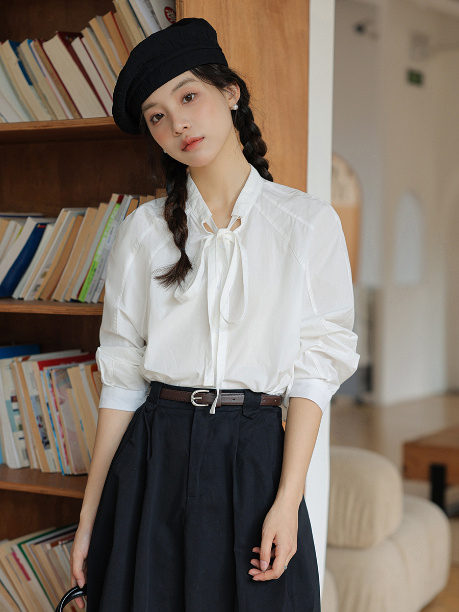 Sweet Bow-Tie Collar Blouse 甜美领口系带衬衫