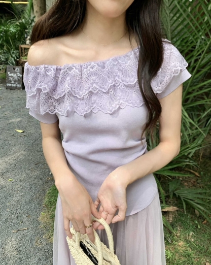 RINA Lace Off-Shoulder Knit Top 法式甜美蕾丝一字领针织上衣*6 Colors