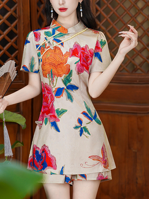 Real Shot New Chinese Style Classical Tang Suit Stand Collar Jacquard Classical Pattern Ethnic Style Improved Summer Top and Shorts Set