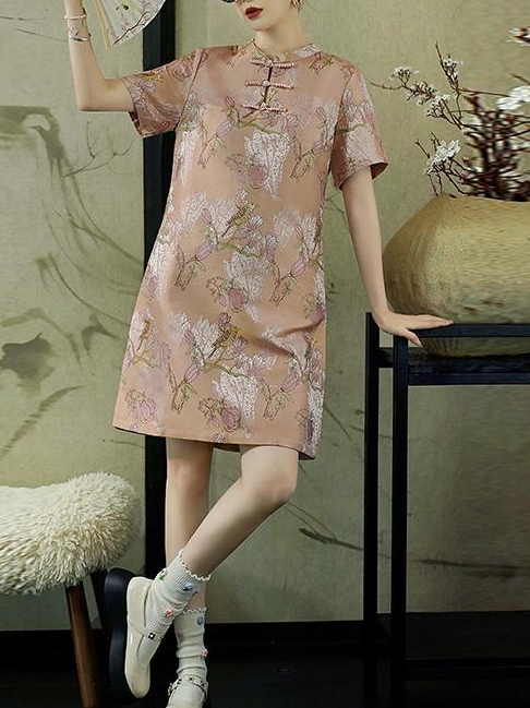 National Style New Chinese Style Light Luxury Elegant Printed Improved Cheongsam Loose Fit Slimming Texture Plus Size Large Floral Dress
