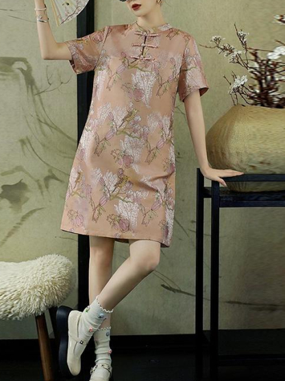 National Style New Chinese Style Light Luxury Elegant Printed Improved Cheongsam Loose Fit Slimming Texture Plus Size Large Floral Dress