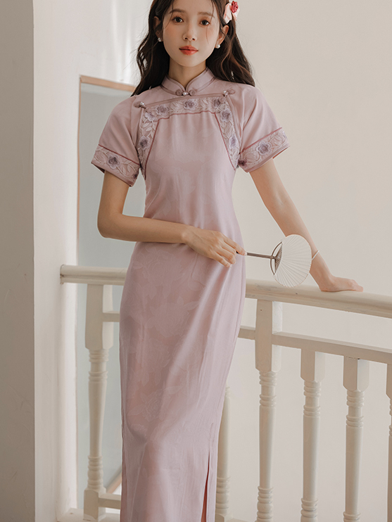 暗香双襟粉紫色旗 Mystery Fragrance New Chinese Style No-Seam Flat Cut Ancient Method Double-Breasted Pink Purple Cheongsam Floor-Length Dress