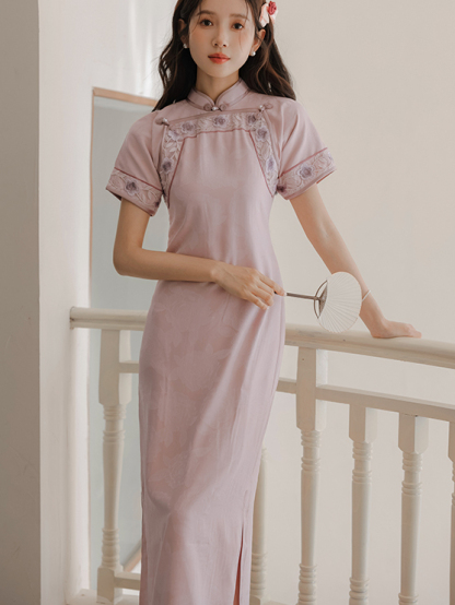 暗香双襟粉紫色旗 Mystery Fragrance New Chinese Style No-Seam Flat Cut Ancient Method Double-Breasted Pink Purple Cheongsam Floor-Length Dress
