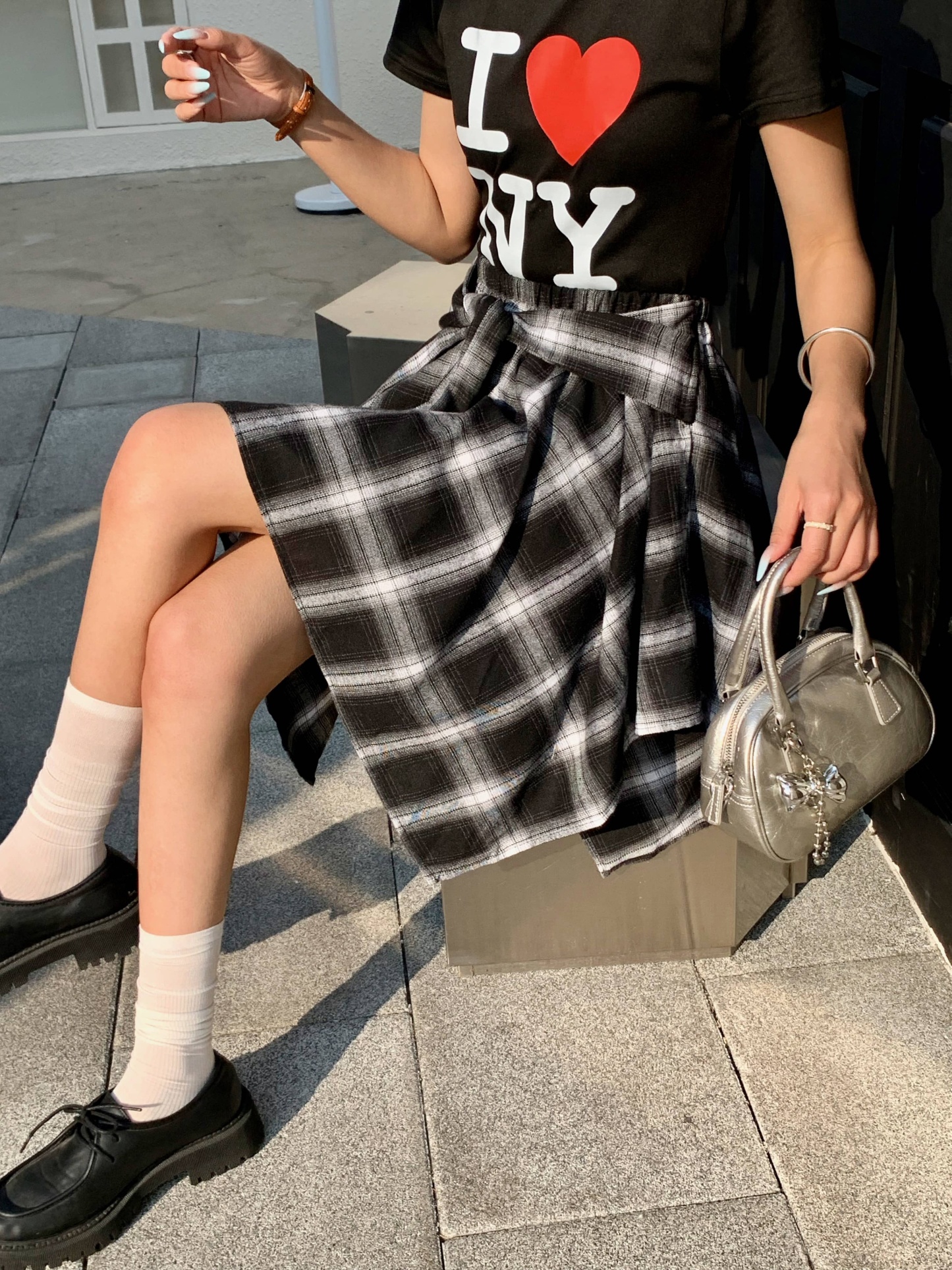 Plaid Ribbon-Tie Asymmetrical Skirt 不规则绑带格纹短裙*4 Colors
