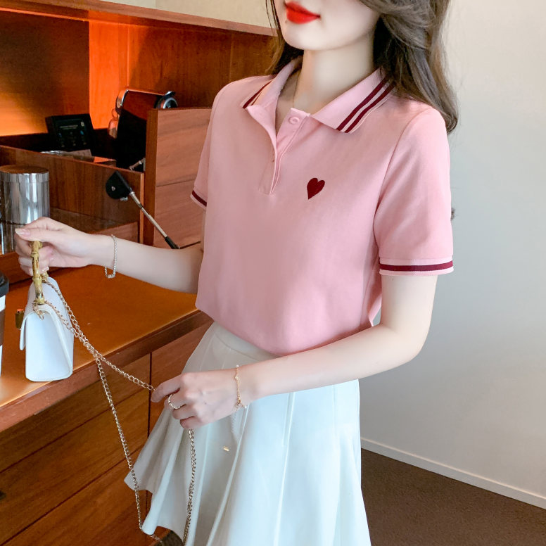 Heart Charm Polo Collar T-Shirt 甜美风~POLO领爱心刺绣T恤