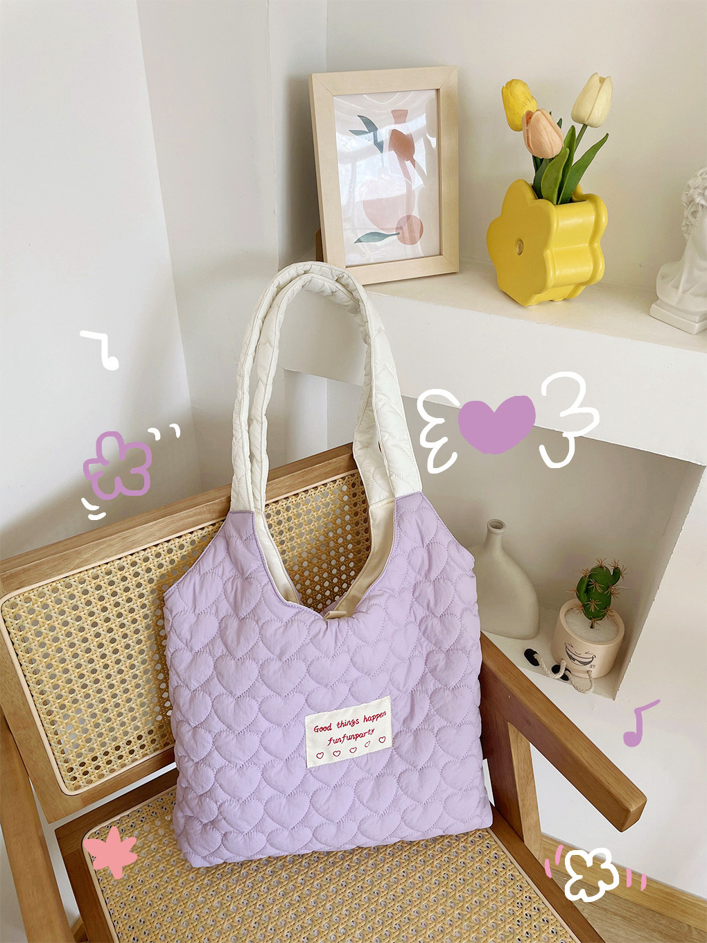 Creamy Quilted Heart Design Canvas Bag 奶油风爱心绗缝大容量学生包*3Colors