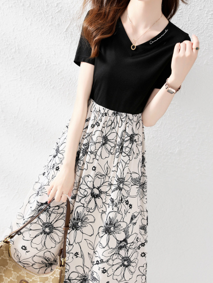 Floral Chic Dress 假两件花朵拼接连衣裙