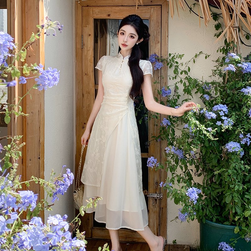 蓝色印花蕾丝中式2件套 New Chinese Style National Style Cheongsam Embroidered Waist Slimming Elegant Girl Dress