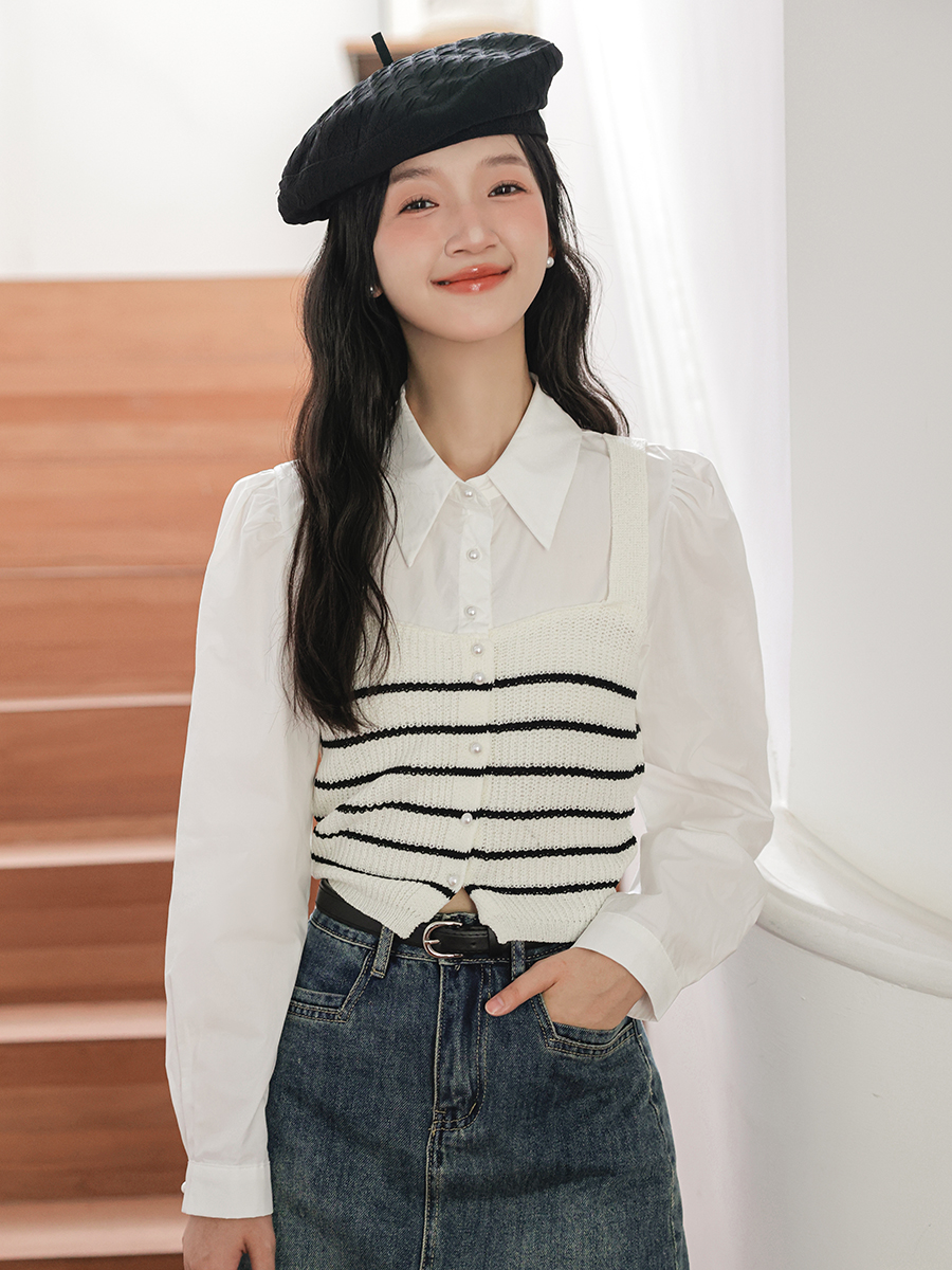 Stripes Knitted Vest Fake Two-Piece Top学院风~条纹针织背心假两件上衣* 2 Colors