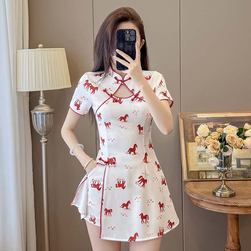 Real Shot New Style New Chinese Style Fashion Suit Petite Cheongsam Dress Socialite Style Dress Suit Two-Piece Set