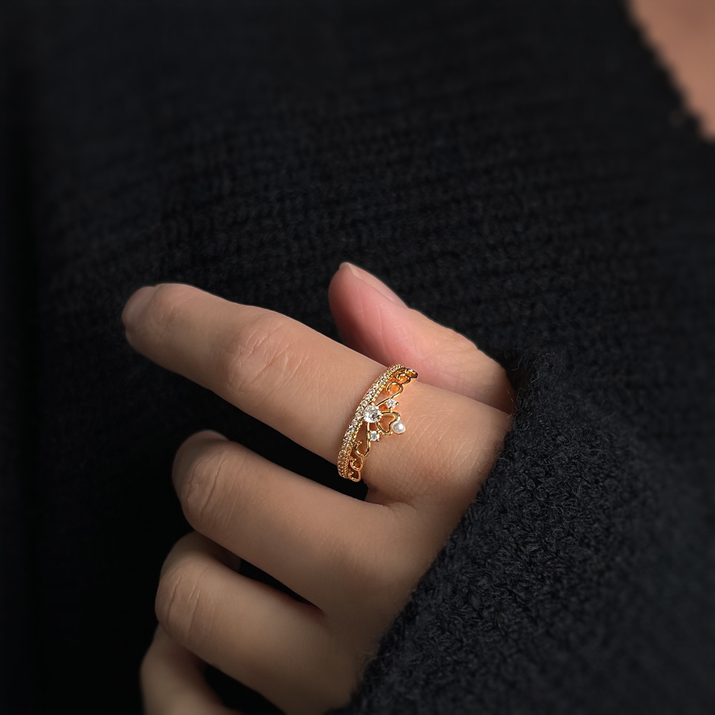 Lace Crown Micro Inlaid Zircon Electroplated 18K Real Gold Thickened Fashion Commuting High-end Light Luxury Style Ring